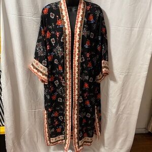 Max Studio Black Floral Kimono with Red and White Trim